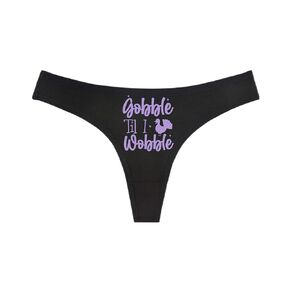 Gobble Til I Wobble - Thanksgiving Halloween Holiday Pumpkin Panties - Black Thong - Humorous Panties Humorous Thong Naughty Sexy Kinky Underwear Funny Holiday Thong Panties Lingerie Underwear (Orange, M)