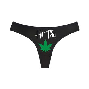 Hit This! - Black Thong - Pot Leaf Weed Marijuana Leaf 4:20 Mary Jane Humorous Funny Panties (S)