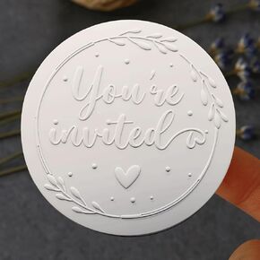 100 x You're Invited White Embossed Raised Sticker Label, 1.6″ Round Envelope Seals for Wedding and Party Invitations (White)