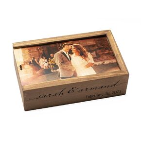 Handmade Photo Storage Box Solid Wood - USB Drive Box - Photo Print on Wood Lid - Personalized Engraved Names & Date - Photographer Package