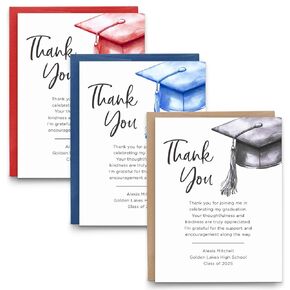 Personalized Graduation Thank You Notes With Envelopes, FLAT 2025 Grad Thank You Cards With Pre Written Message, Thank You Card For Graduation, Your Choice of Cap Color, Quantity, and Envelope Color