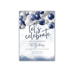 Personalized Birthday Party Invitation | 5x7 Digital or Printed | Elegant Blue & Silver Balloon Theme