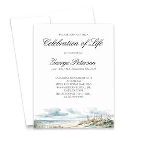 Custom Celebration of Life Invitation Cards and Envelopes, FLAT Personalized Memorial Card for Funeral Beach, Elegant Script Invitations Funerals, Landscape, Your Choice of Quantity and Envelope Color