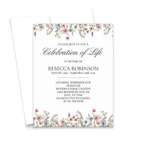 Personalized Funeral Invitation Cards With Envelopes, FLAT Custom Celebration of Life Invitation With Border, Neutral Wildflower Invitations For Funerals, Your Choice of Quantity and Envelope Color