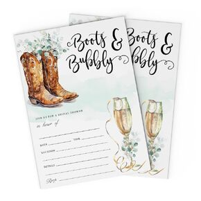 Boots & Bubbly Bridal Cowboy Western Shower 5x7 Invitations with Envelopes, Fill Out Cards for Wedding, Engagement, and Bridal Shower Party Celebration (Pack of 25)