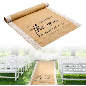 Tondiamo 40 Inch x 15 ft Wide Natural Burlap Wedding Aisle Runner with Lace, Black Printing, Jute Rustic Burlap Aisle Runner for Wedding Ceremony Beach Outdoor