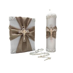 First Communion Kit, Includes Cylindrical Candle, Bible and Trousseau, Handcrafted, Latin-Mexican Bible