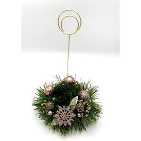 Rose Gold Christmas and Holiday Table Number Holder with 4 inch Wooden Base, Pine needle base, Rose Gold Ornaments and Rose Gold Glitter Snowflakes - 9 inches long
