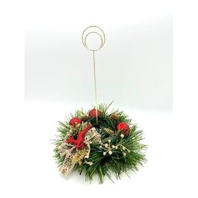 Red and Gold Christmas and Holiday Table Number Holder with 4 inch Wooden Base, Pine needle base, Burlap bow and Red Ornaments - 9 inches long