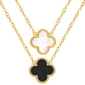 2-Piece 18K Gold Plated Four Leaf Clover Necklace Set | Dainty Lucky Charm Jewelry for Women | Gift for Valentine’s Day, Anniversary & Wedding (Black/White)