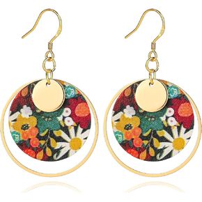 Boho Flower Earrings, Gold Hoop Drop Dangle Round Disc Earrings for Women, Handmade Trendy Bohemian Floral Plant Jewelry, Hypoallergenic