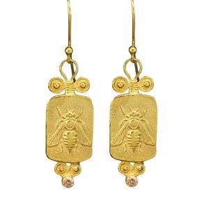 Caprixus Honey Bee Earring 925 Sterling Silver 24K Gold Vermeil Dangle Earrings for Women Queen Bumblebee Coin Earrings Red Color Cubic Zirconia