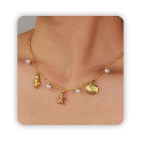 Beach Charm Necklace for Women, Gold Summer Necklace Cute Vintage Seashell Necklace 17" Paperclip Chain With Starfish Pendant Charms Necklaces as Waterproof Summer Jewelry Beach Stuff for Vacation