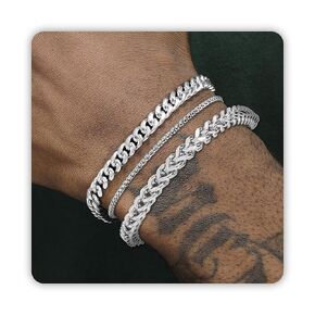 3 PCS Mens Bracelet Silver Bracelets for Men Set Waterproof Stainless Steel Men Jewelry, Adjustable Cuban Chain Bracelet for Boy as Rakhi Gifts for Boyfriend, Dad and Son Pulseras Para Hombres