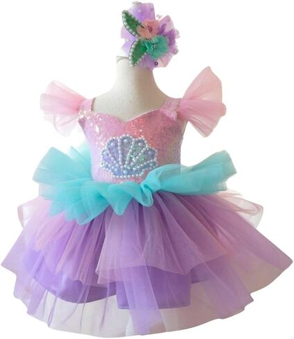 Little Girls Mermaid Princess Costume for Baby Dress Up - مجموعة كاملة مع أرجواني ، و Crown & Leenue - بطانة قطنية مريحة - مثالية لعيد الميلاد ، عيد الميلاد ، عيد الميلاد | (5 سنوات ، أرجواني وردي) in Kuwait