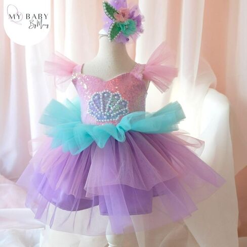 Little Girls Mermaid Princess Costume for Baby Dress Up - مجموعة كاملة مع أرجواني ، و Crown & Leenue - بطانة قطنية مريحة - مثالية لعيد الميلاد ، عيد الميلاد ، عيد الميلاد | (5 سنوات ، أرجواني وردي) in Kuwait