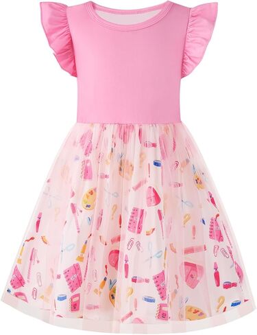 Girl's Dresses Girls Back to School Dresses Kids Cotton Ruffle Sleeve Tulle Printing Dress for Children's 3-8 Years in Saudi Arabia