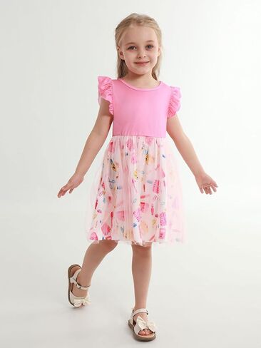 Girl's Dresses Girls Back to School Dresses Kids Cotton Ruffle Sleeve Tulle Printing Dress for Children's 3-8 Years in Saudi Arabia