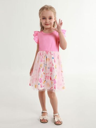 Girl's Dresses Girls Back to School Dresses Kids Cotton Ruffle Sleeve Tulle Printing Dress for Children's 3-8 Years in Saudi Arabia