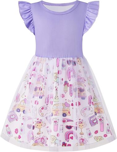 Girl's Dresses Girls Back to School Dresses Kids Cotton Ruffle Sleeve Tulle Printing Dress for Children's 3-8 Years in Saudi Arabia
