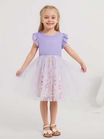 Girl's Dresses Girls Back to School Dresses Kids Cotton Ruffle Sleeve Tulle Printing Dress for Children's 3-8 Years in Saudi Arabia
