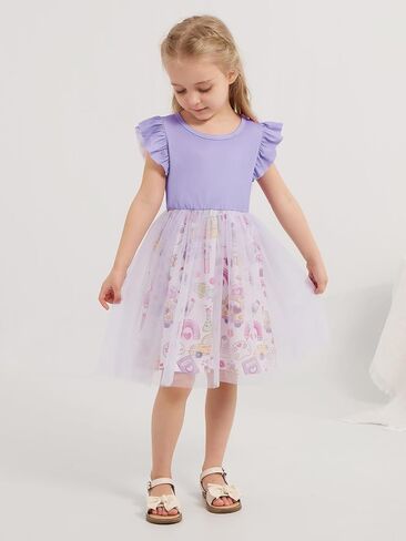 Girl's Dresses Girls Back to School Dresses Kids Cotton Ruffle Sleeve Tulle Printing Dress for Children's 3-8 Years in Saudi Arabia