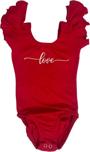 Girls Red Leotard with Flutter Short Sleeve or Flutter Long Sleeve, and Love White Glitter vinyl Design for dance, gymnastics, costume or play, gift, Bodysuit, love (Flutter Long Sleeve Leotard with Snaps, Red, 6-7) in Saudi Arabia