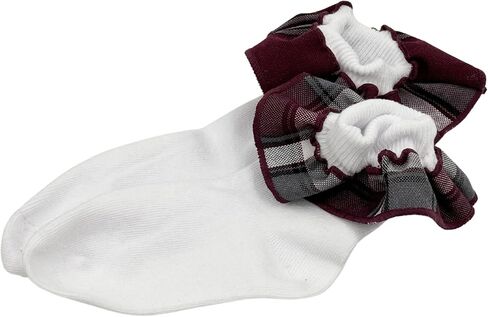 School Uniform Sock-Girl Plaid Ruffle White Ankle Sock-Plaid Sock (8-9.5, Plaid 91) in Saudi Arabia
