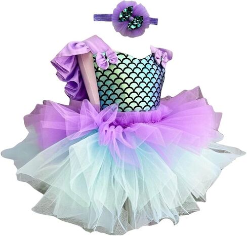 Little Girls Mermaid Princess Costume for Baby Dress Up - مجموعة كاملة مع أرجواني ، و Crown & Leenue - بطانة قطنية مريحة - مثالية لعيد الميلاد ، عيد الميلاد ، عيد الميلاد | (5 سنوات ، أرجواني وردي) in Kuwait