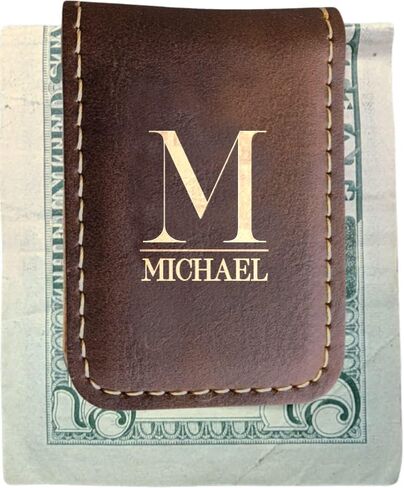 Personalized Engraved Money Clip with Magnetic Closure, Custom Engraved Minimalist Leather For Him (Rustic & Gold) in Saudi Arabia