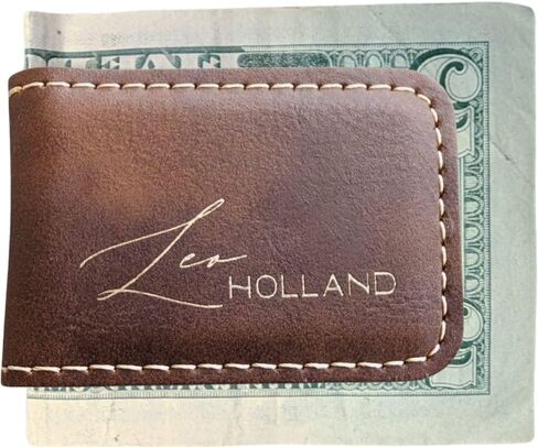 Personalized Engraved Money Clip with Magnetic Closure, Custom Engraved Minimalist Leather For Him (Rustic & Gold) in Saudi Arabia