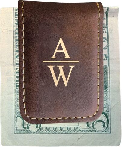 Personalized Engraved Money Clip with Magnetic Closure, Custom Engraved Minimalist Leather For Him (Rustic & Gold) in Saudi Arabia