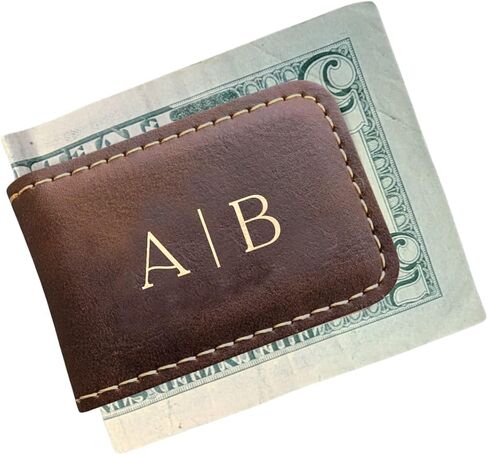 Personalized Engraved Money Clip with Magnetic Closure, Custom Engraved Minimalist Leather For Him (Rustic & Gold) in Saudi Arabia