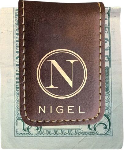 Personalized Engraved Money Clip with Magnetic Closure, Custom Engraved Minimalist Leather For Him (Rustic & Gold) in Saudi Arabia
