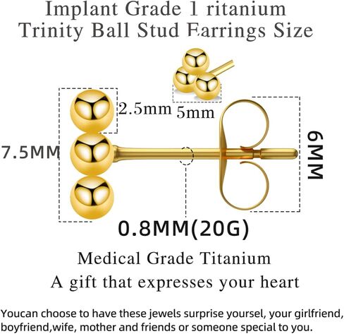 Hujiling G23 Titanium Studs Earrings, Hypoallergenic Earrings, Pure Titanium Tiny Trinity Ball Stud Earrings, Minimalist, Implant Grade Delicate Jewelry for With Sensitive Ears in Kuwait