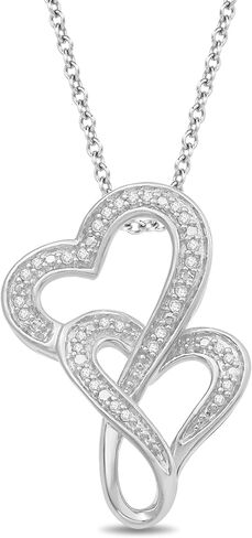 Jewelili Double Heart Necklace Pendant with Natural White Round Diamonds in Sterling Silver 18 inch Rolo Chain in Saudi Arabia