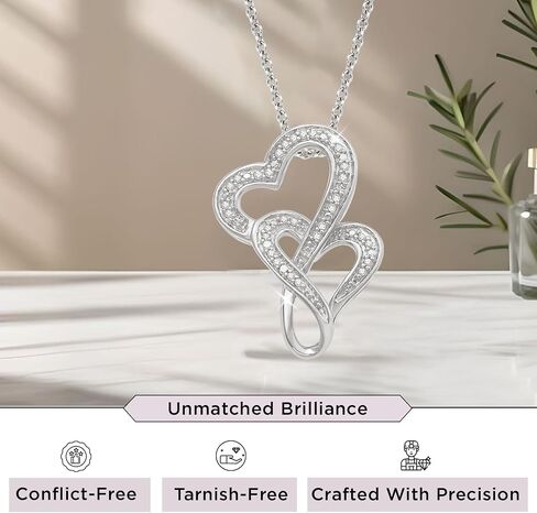 Jewelili Double Heart Necklace Pendant with Natural White Round Diamonds in Sterling Silver 18 inch Rolo Chain in Saudi Arabia
