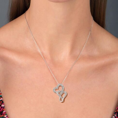 Jewelili Double Heart Necklace Pendant with Natural White Round Diamonds in Sterling Silver 18 inch Rolo Chain in Saudi Arabia