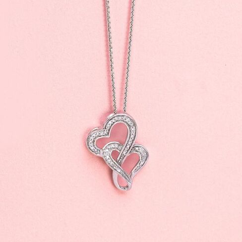 Jewelili Double Heart Necklace Pendant with Natural White Round Diamonds in Sterling Silver 18 inch Rolo Chain in Saudi Arabia