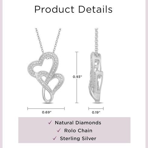 Jewelili Double Heart Necklace Pendant with Natural White Round Diamonds in Sterling Silver 18 inch Rolo Chain in Saudi Arabia