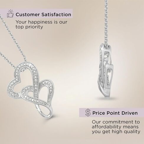 Jewelili Double Heart Necklace Pendant with Natural White Round Diamonds in Sterling Silver 18 inch Rolo Chain in Saudi Arabia