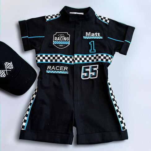 Handmade Race Car Driver Costume for Toddlers - Halloween Costume, Cars Boys Racing Outfit, Toddler Racer Suit, Kids Jumpsuit with Hat, Baby Racer Costume (Short, 12-18 months) in Saudi Arabia