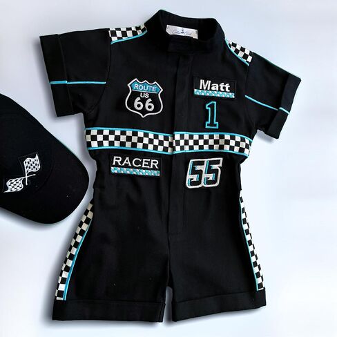 Handmade Race Car Driver Costume for Toddlers - Halloween Costume, Cars Boys Racing Outfit, Toddler Racer Suit, Kids Jumpsuit with Hat, Baby Racer Costume (Short, 12-18 months) in Saudi Arabia