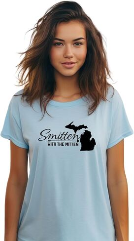 Michigan - Smitten With The Mitten T-Shirt - 100% Cotton Unisex (L, Sky Blue) in Kuwait