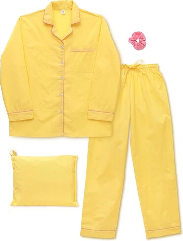Women's 100% Cotton Pajama Set - Super Soft Long Sleeve Sleepwear with Matching Storage Bag and Cute Contrast Hair Tie - Cozy, Breathable, Lightweight Loungewear (Yellow and Pink, Small) in Saudi Arabia
