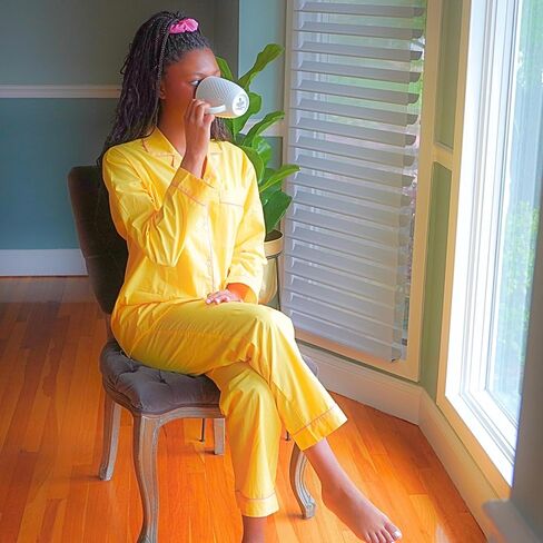 Women's 100% Cotton Pajama Set - Super Soft Long Sleeve Sleepwear with Matching Storage Bag and Cute Contrast Hair Tie - Cozy, Breathable, Lightweight Loungewear (Yellow and Pink, Small) in Saudi Arabia