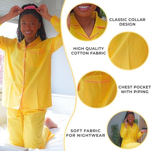 Women's 100% Cotton Pajama Set - Super Soft Long Sleeve Sleepwear with Matching Storage Bag and Cute Contrast Hair Tie - Cozy, Breathable, Lightweight Loungewear (Yellow and Pink, Small) in Saudi Arabia