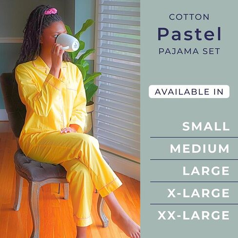 Women's 100% Cotton Pajama Set - Super Soft Long Sleeve Sleepwear with Matching Storage Bag and Cute Contrast Hair Tie - Cozy, Breathable, Lightweight Loungewear (Yellow and Pink, Small) in Saudi Arabia