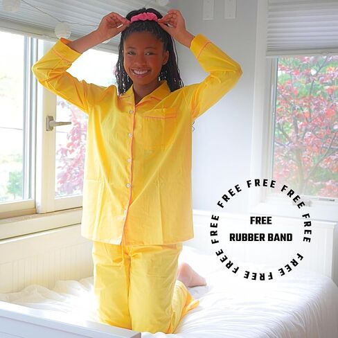 Women's 100% Cotton Pajama Set - Super Soft Long Sleeve Sleepwear with Matching Storage Bag and Cute Contrast Hair Tie - Cozy, Breathable, Lightweight Loungewear (Yellow and Pink, Small) in Saudi Arabia