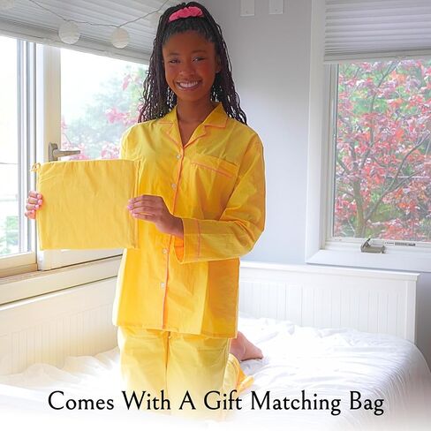 Women's 100% Cotton Pajama Set - Super Soft Long Sleeve Sleepwear with Matching Storage Bag and Cute Contrast Hair Tie - Cozy, Breathable, Lightweight Loungewear (Yellow and Pink, Small) in Saudi Arabia